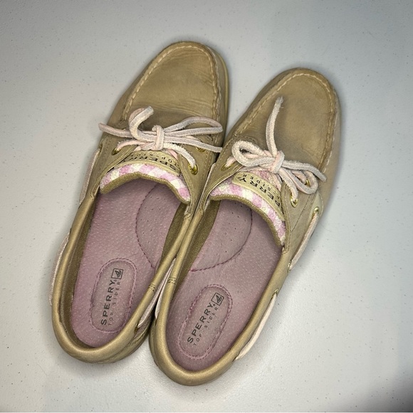 Sperry Women’s Topsider Boat Shoes Sz 8 Pink Sequins Tan Leather Loafers - Picture 2 of 6